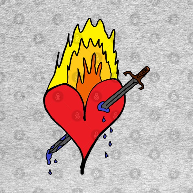 Burning red heart that was bleeding blue by a sword that ripped it! A cute, pretty, beautiful red heart drawing which is burning and ruptured by sword. by Blue Heart Design